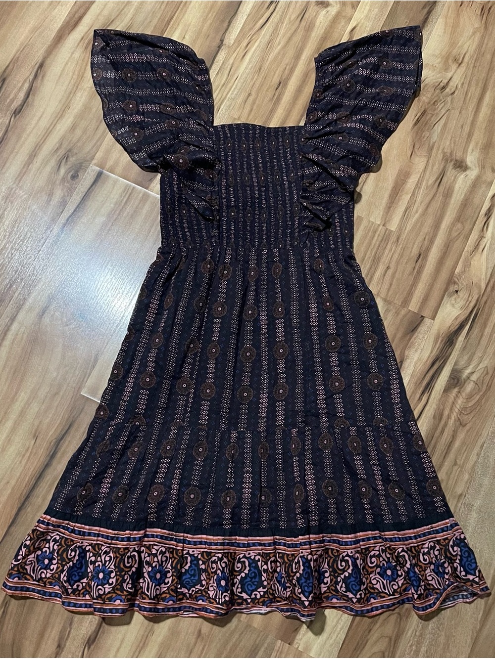 Figue Ruffle Sleeve Smocked Boho Printed Midi Dress Large 100% Cotton